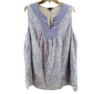 Willi Smith blouse sleeveless periwinkle white paisley tunic 1X embroidered neck